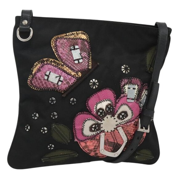 PRADA Butterfly Shoulder Bag Nylon Black Silver Auth 120559